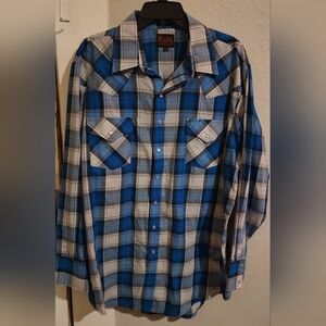 Plains Western  Pearl Snap Button Up Shirt Blue Plaid Size XL TALL. Excellent